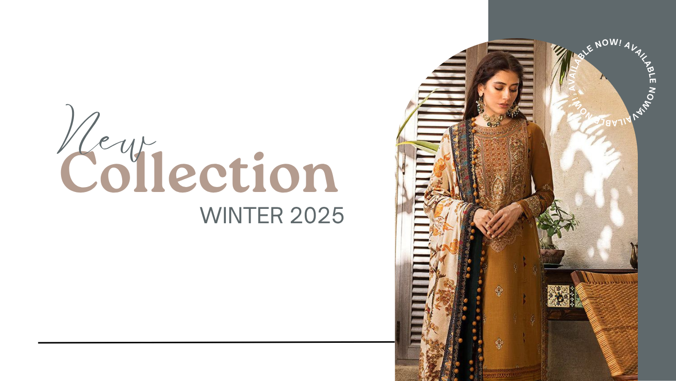 Woman in a traditional outfit with 'New Collection Winter 2025' text on a white background