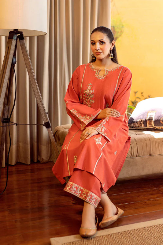 Urge 2 piece lawn embroidered suit with embroidered shirt sleeves, embroidered trouser, dyed back side unstitched dress for women