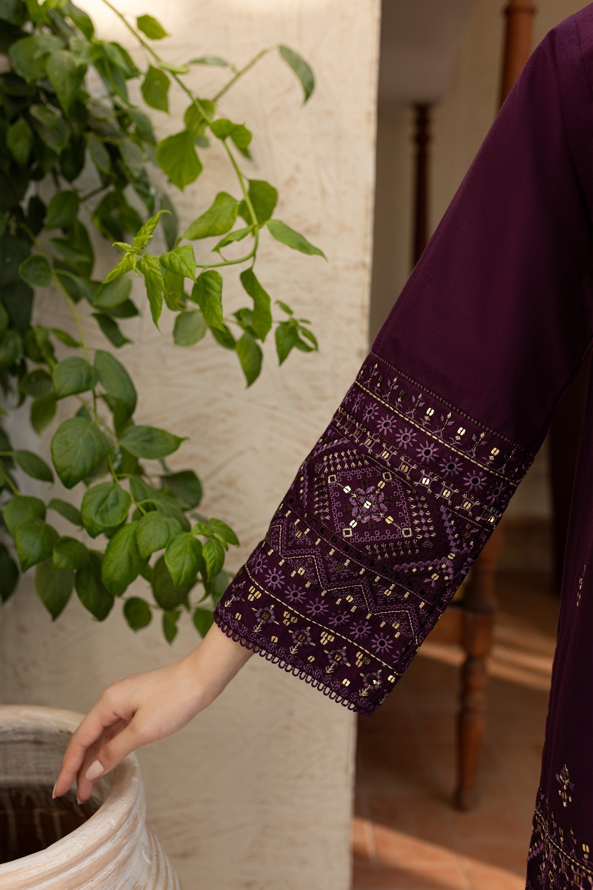 Batik 2 piece lawn sequin embroidered suit with embroidered shirt, sleeves, embroidered trouser, dyed back side unstitched dress for women