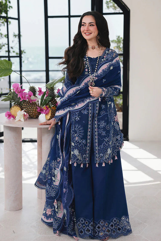 Qalamkar 3 piece lawn chikan embroidered suit with khaadi net embroidered dupatta and embroidered trouser unstitched dress for women